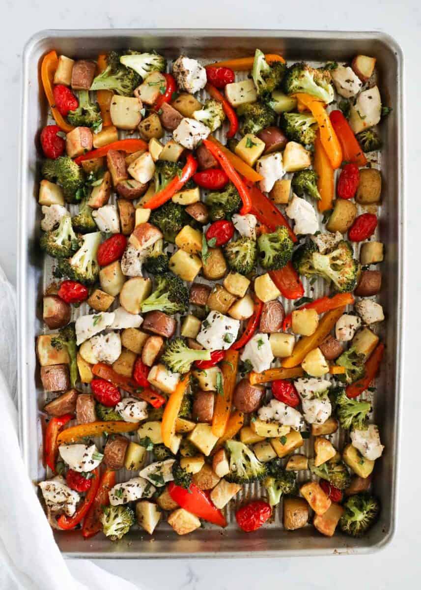 chicken and vegetables cooked on sheet pan