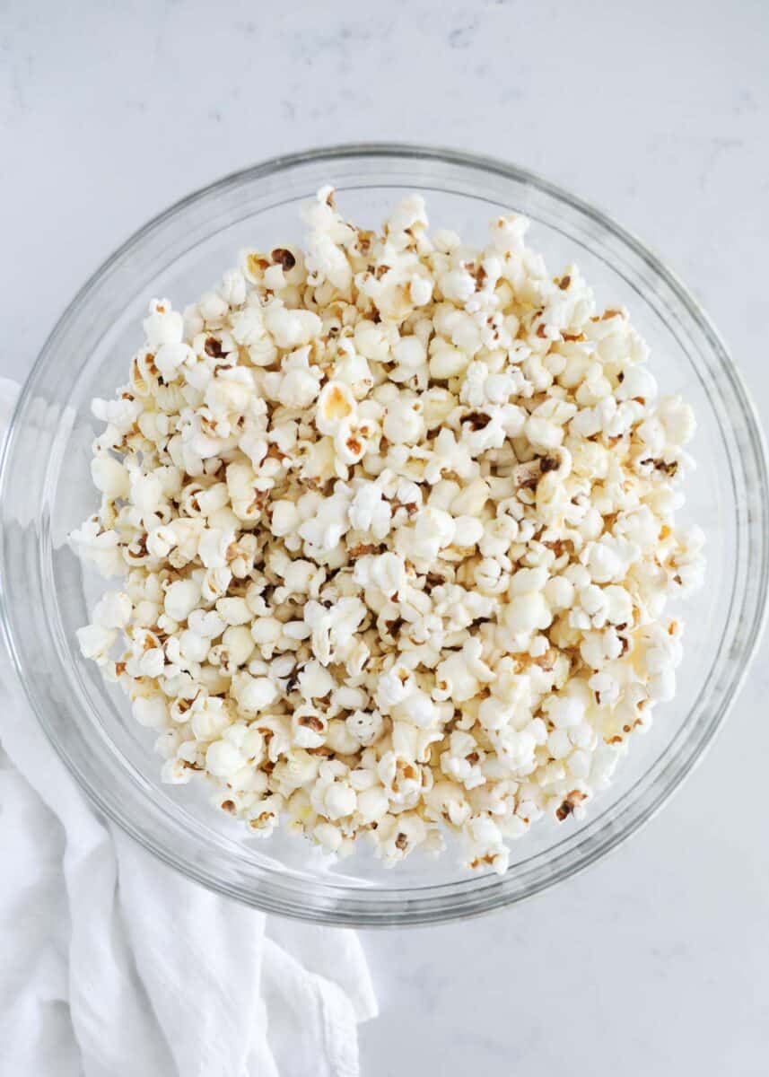 popcorn in glass bowl on counter