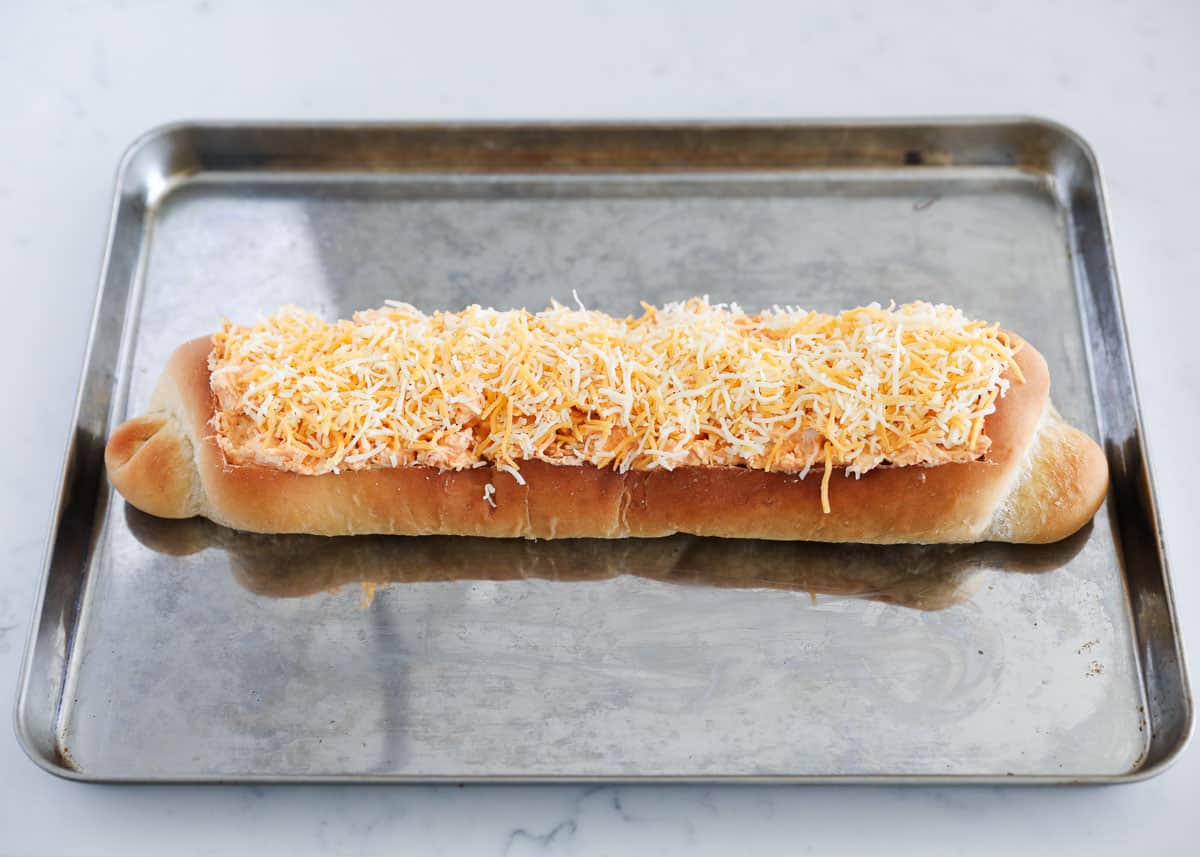 stuffed french bread on pan