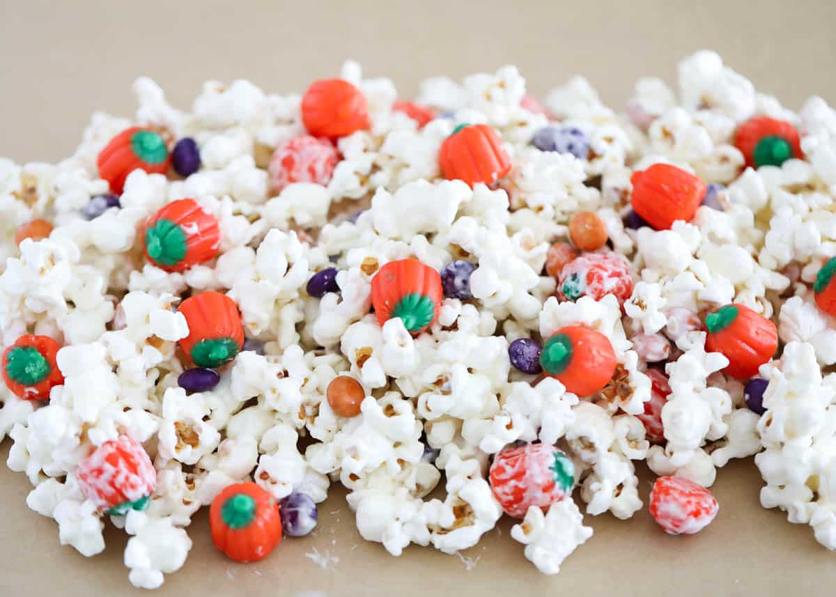 halloween popcorn on parchment paper