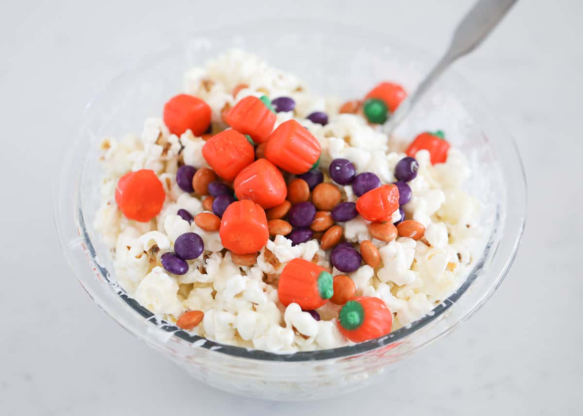 halloween candies in popcorn bowl