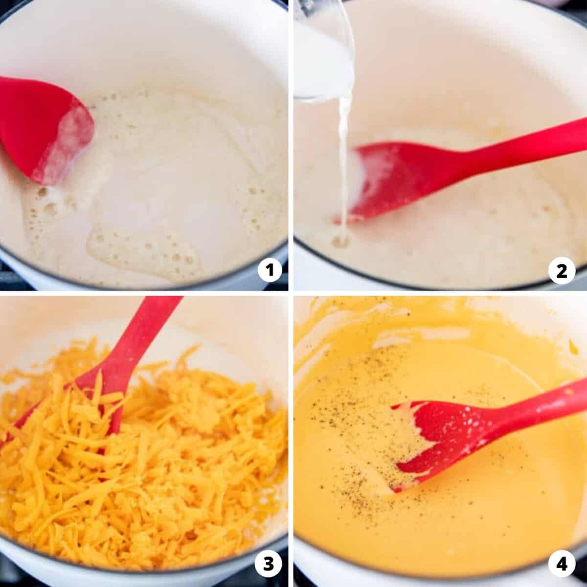 Step by step photo collage on how to make nacho cheese dip.
