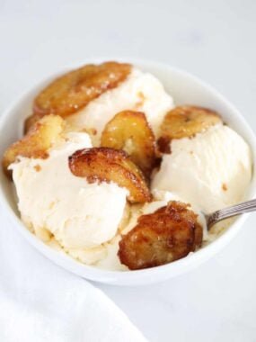 caramelized bananas in ice cream bowl