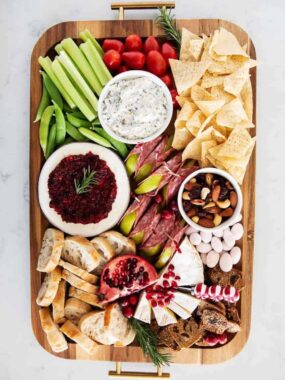 Christmas charcuterie board on counter