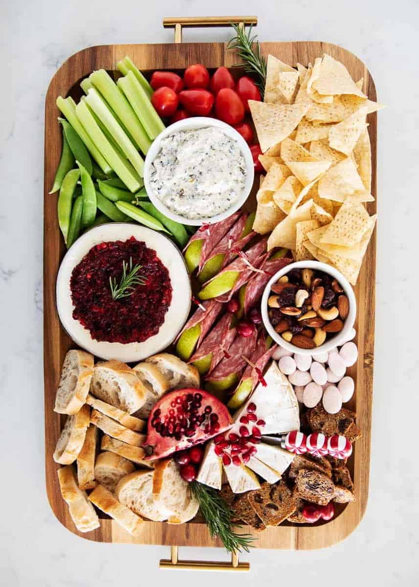 Christmas charcuterie board on counter