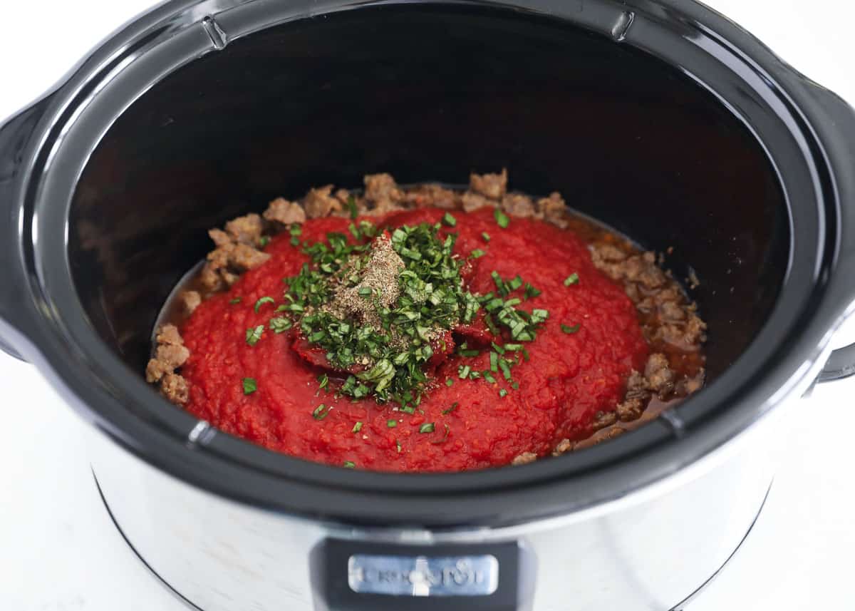 meat and sauce in crockpot