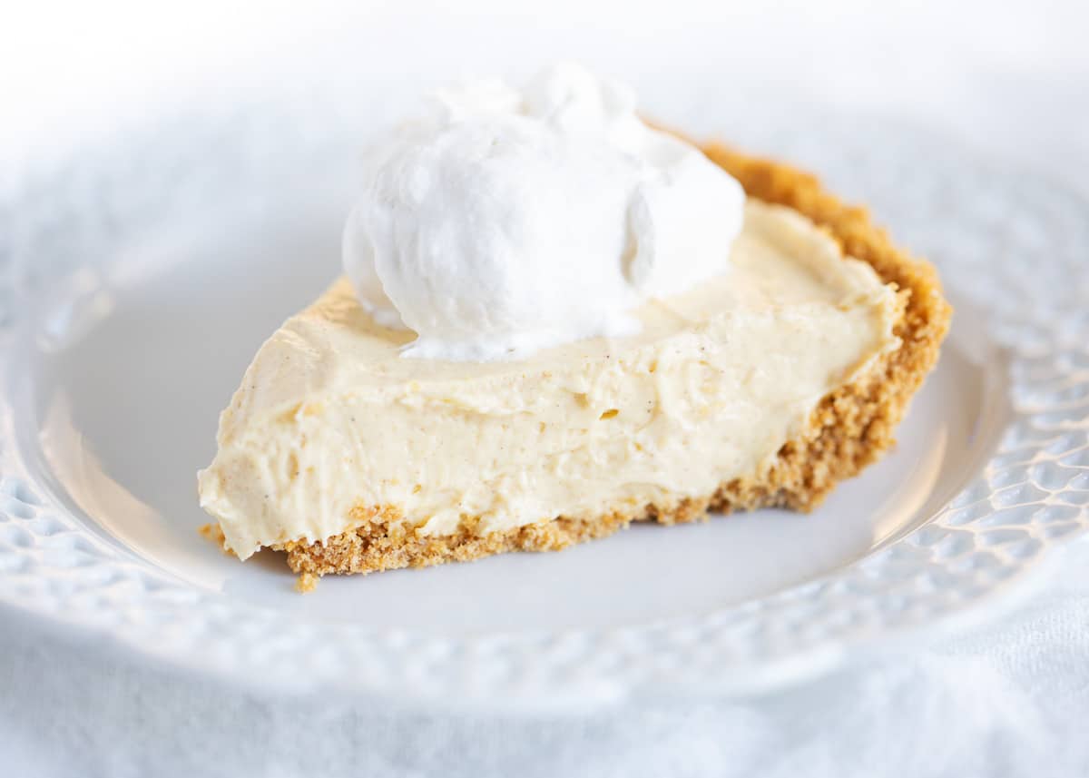 slice of eggnog pie on white plate