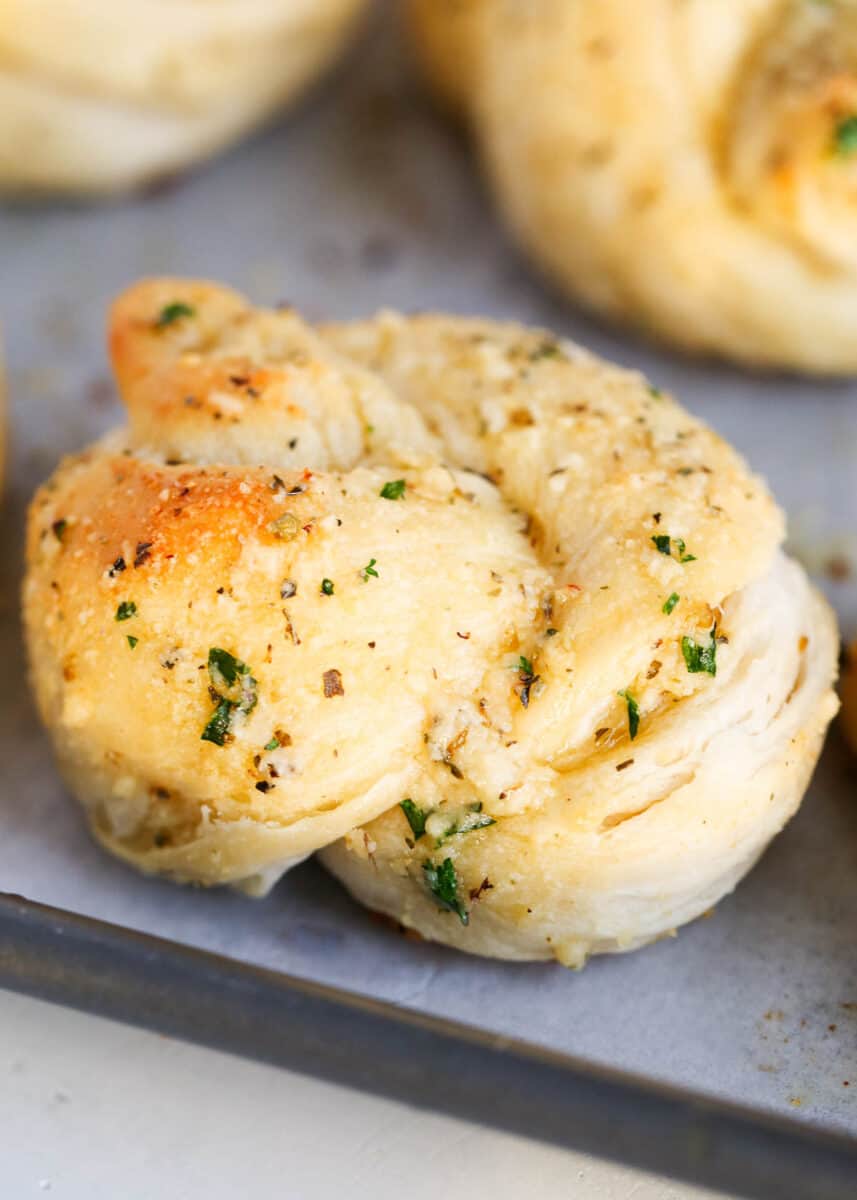 garlic knot on baking sheet