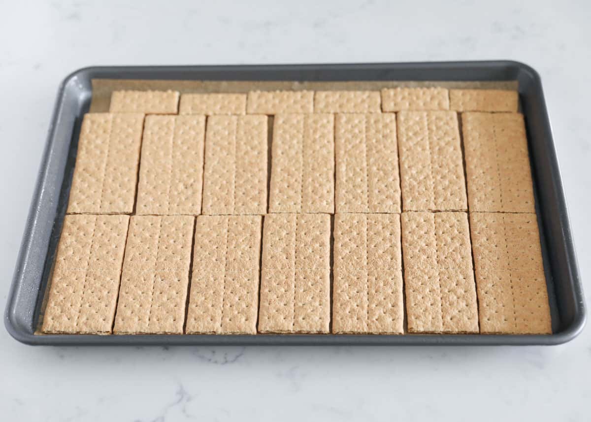 graham crackers on a baking sheet