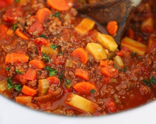 ground beef vegetable soup in pot