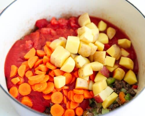 vegetables and beef in pot