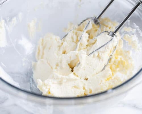 mixing butter and cream cheese in mixer