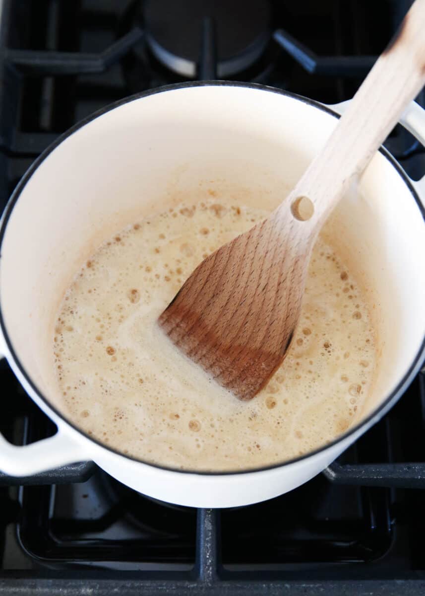cooking roux in a white pot
