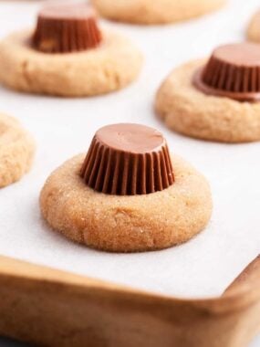 reeses peanut butter cup cookie on baking sheet
