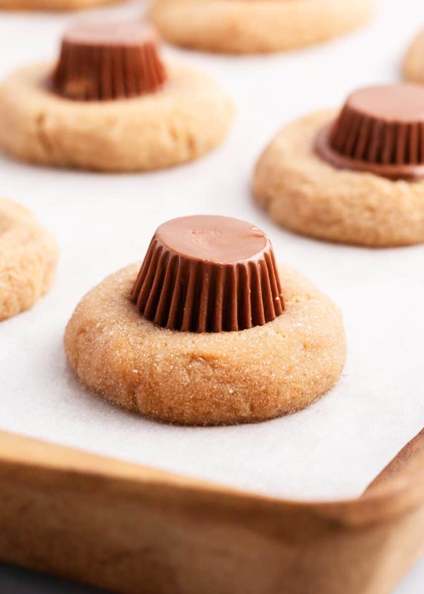 reeses peanut butter cup cookie on baking sheet
