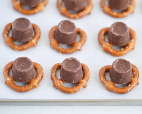 pretzel and rolos on pan