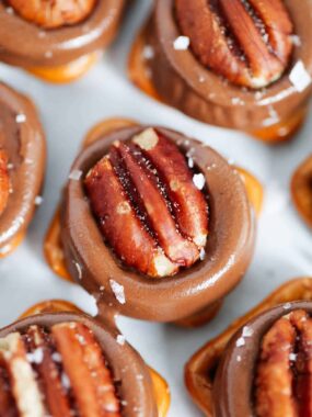 rolo pretzel turtle with pecan on top
