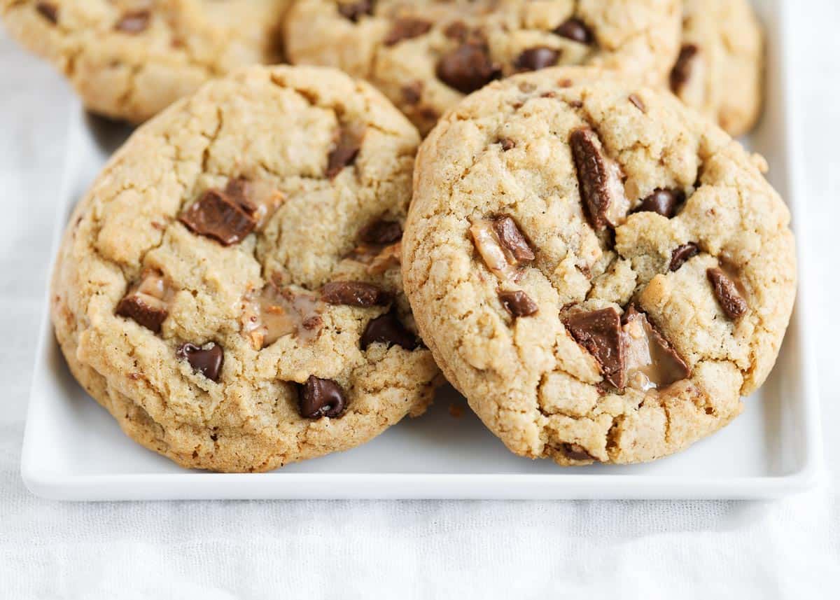 Toffee cookies on white plate.