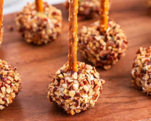 cheese ball bites on wooden board