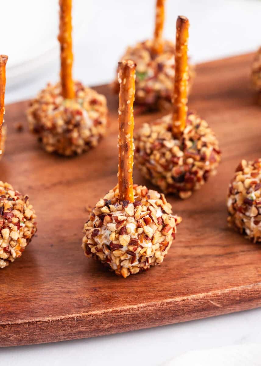 cheese ball bites on wooden board