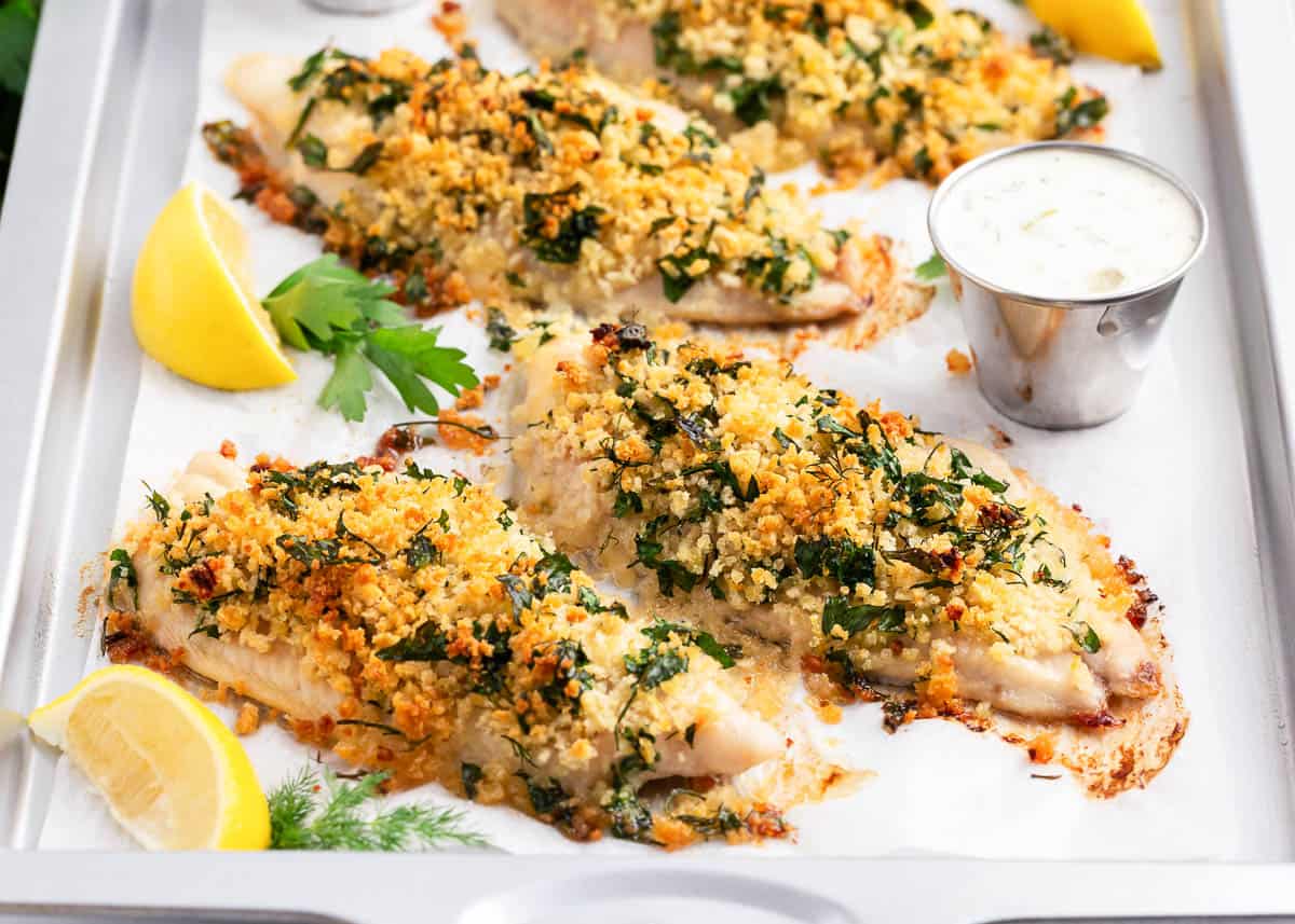baked fish on baking sheet