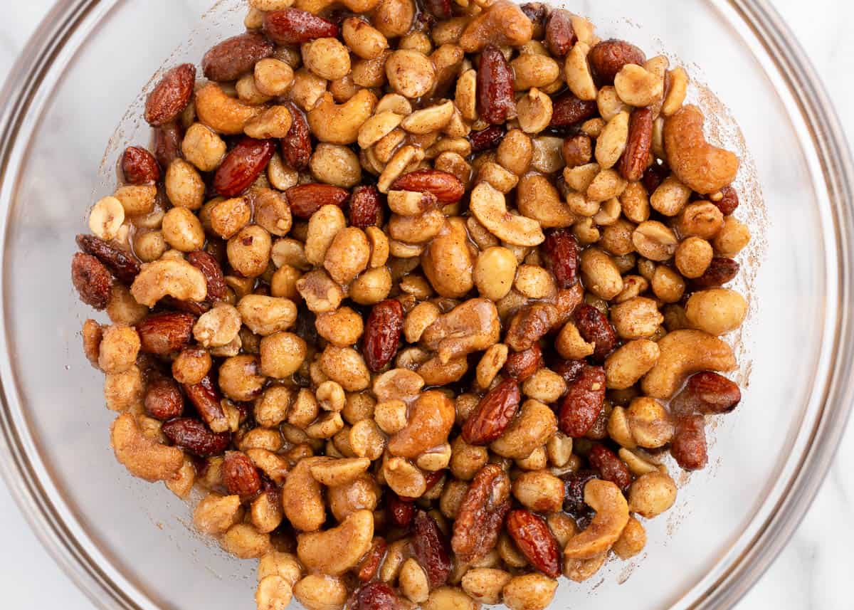 candied mixed nuts in bowl