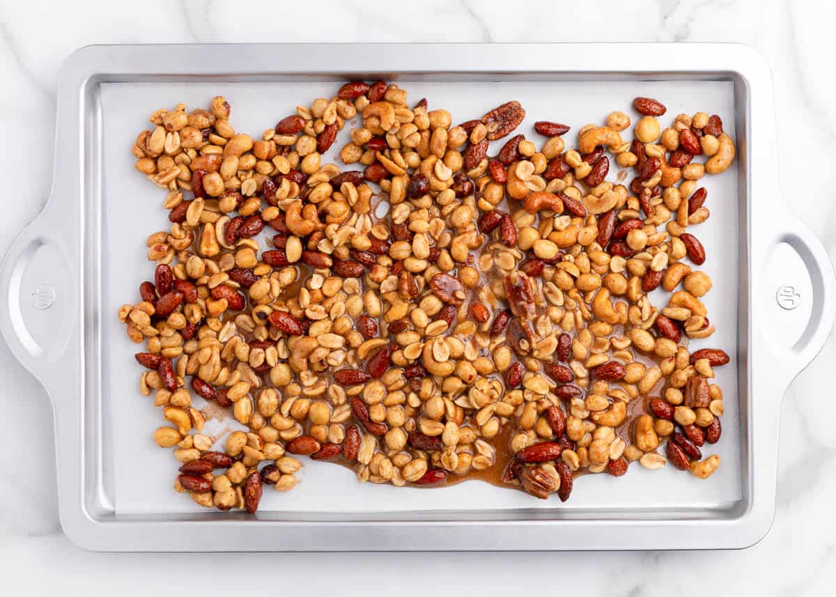 candied mixed nuts on pan