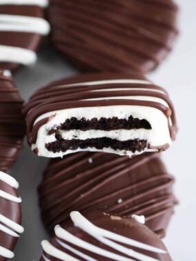 bite taken from chocolate covered oreo