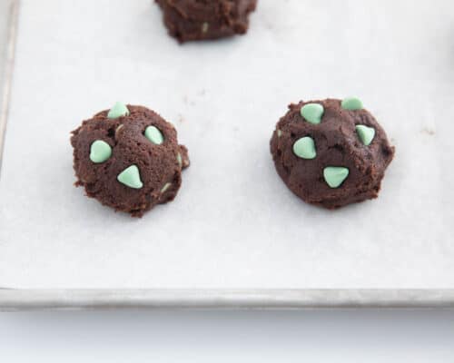 chocolate mint cookie dough balls on pan