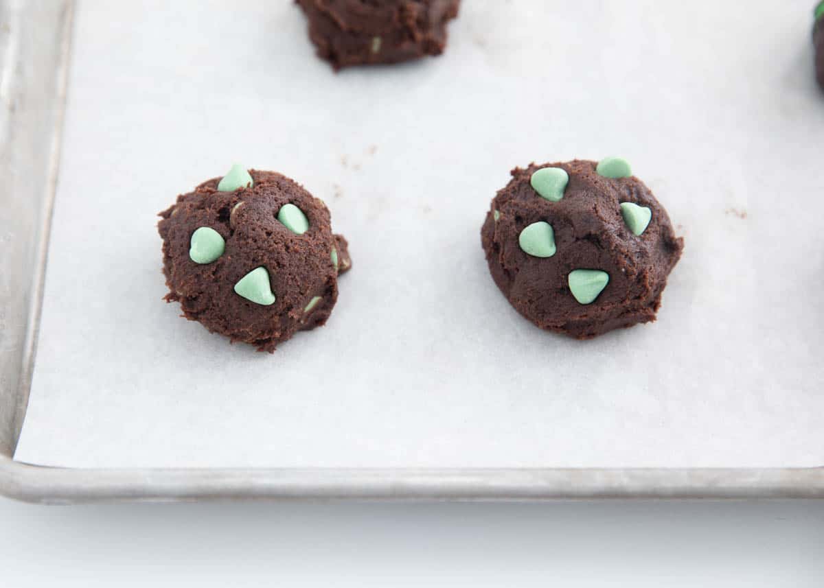 chocolate mint cookie dough balls on pan