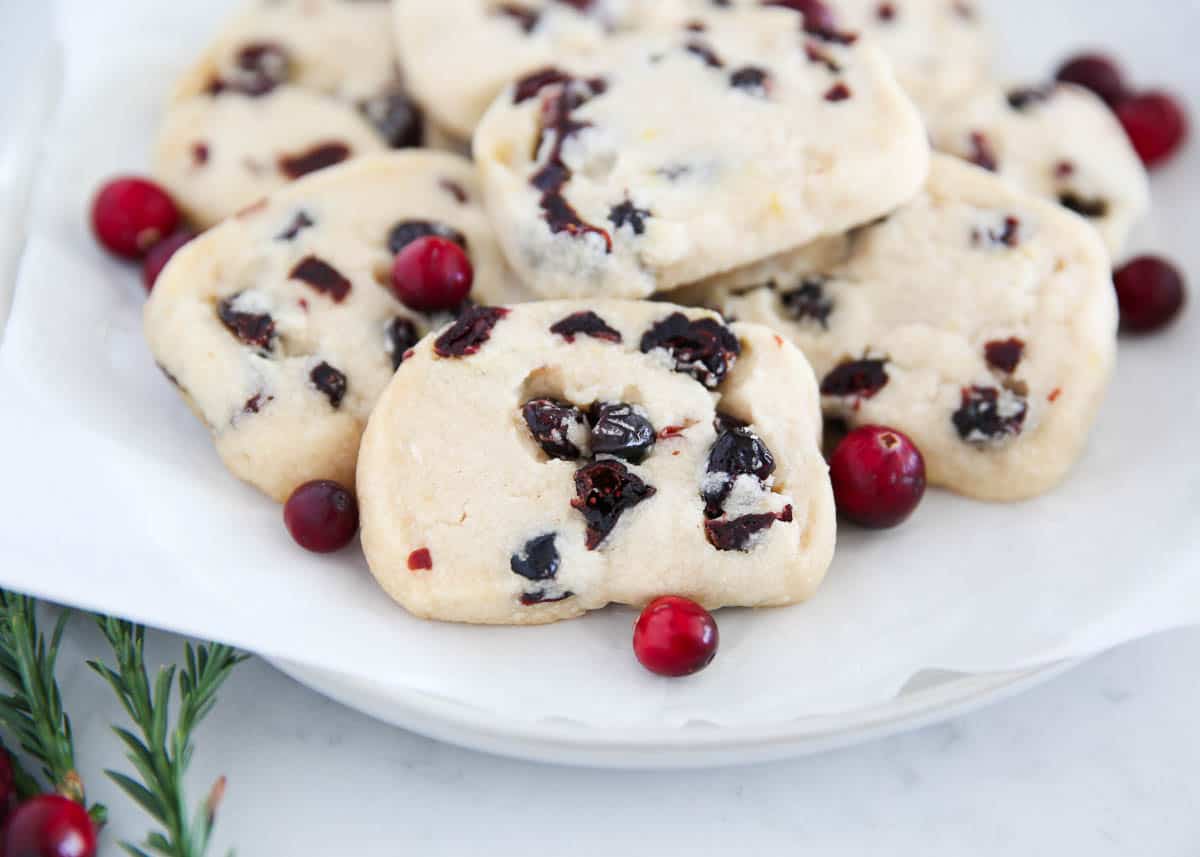 cranberry orange shortbread cookies on plate