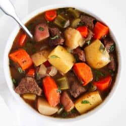 beef stew in white bowl