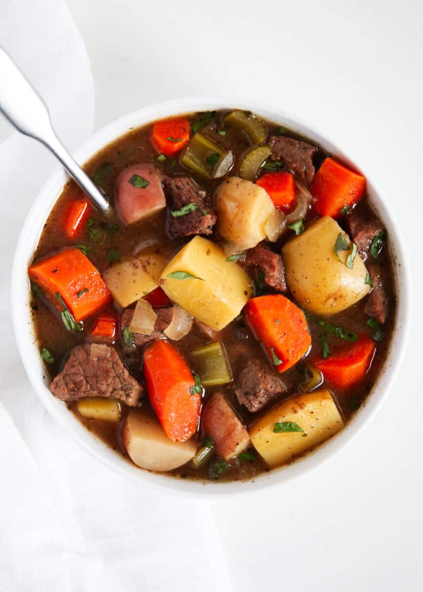 beef stew in white bowl