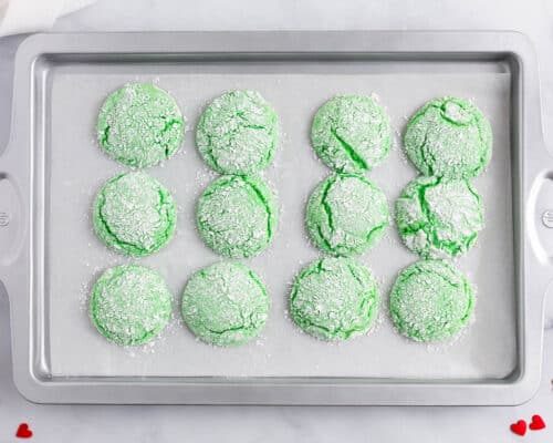green cake mix cookies on pan