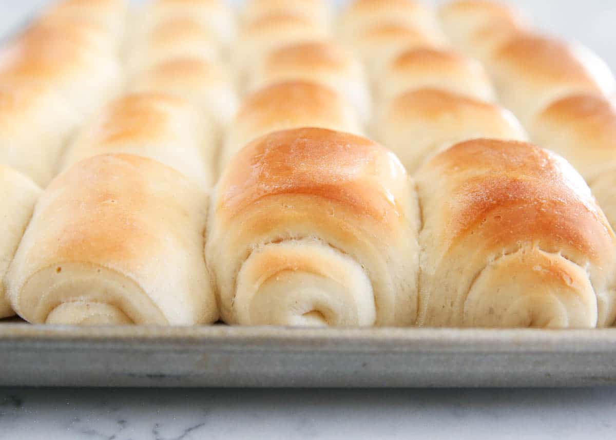 Lion house rolls on a baking pan.