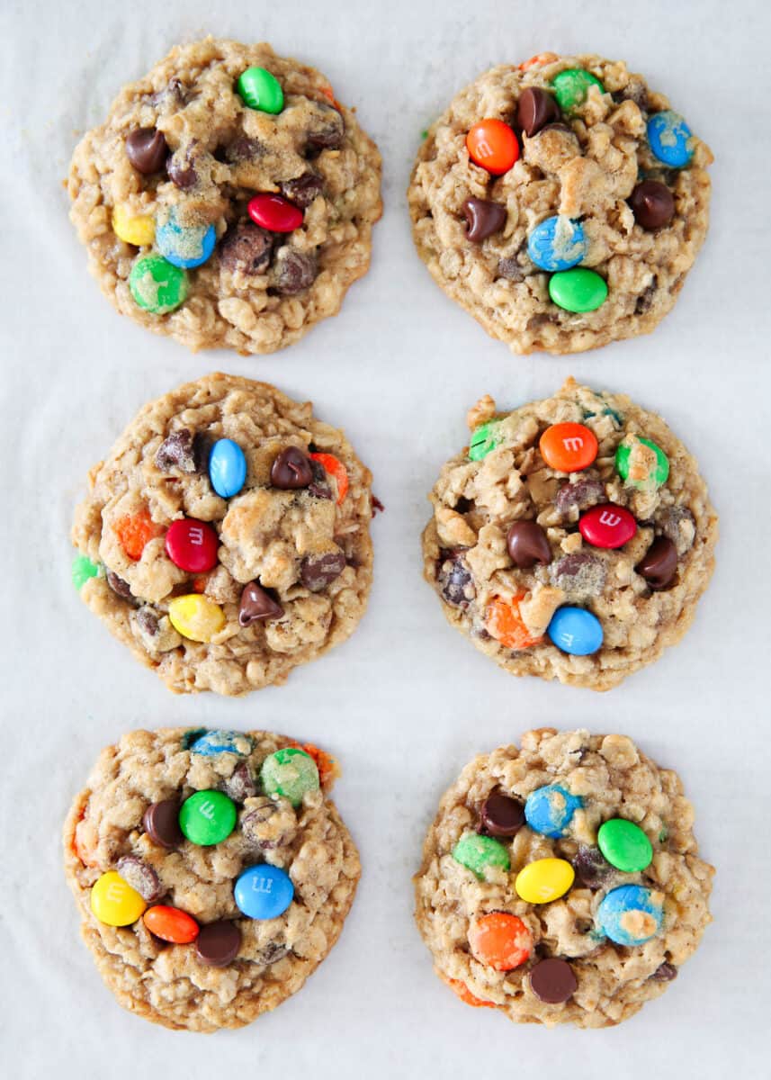 oatmeal m&m cookies on baking sheet