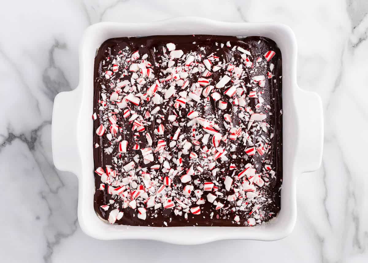 white baking dish full of peppermint brownies