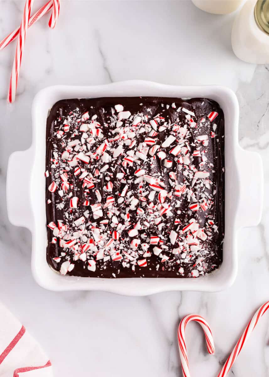 peppermint brownies in white baking dish