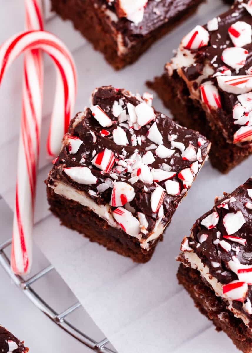sliced peppermint brownie on wire rack