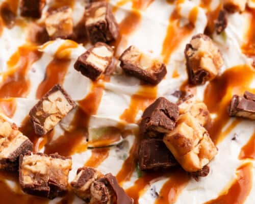 snickers and caramel on top of pie