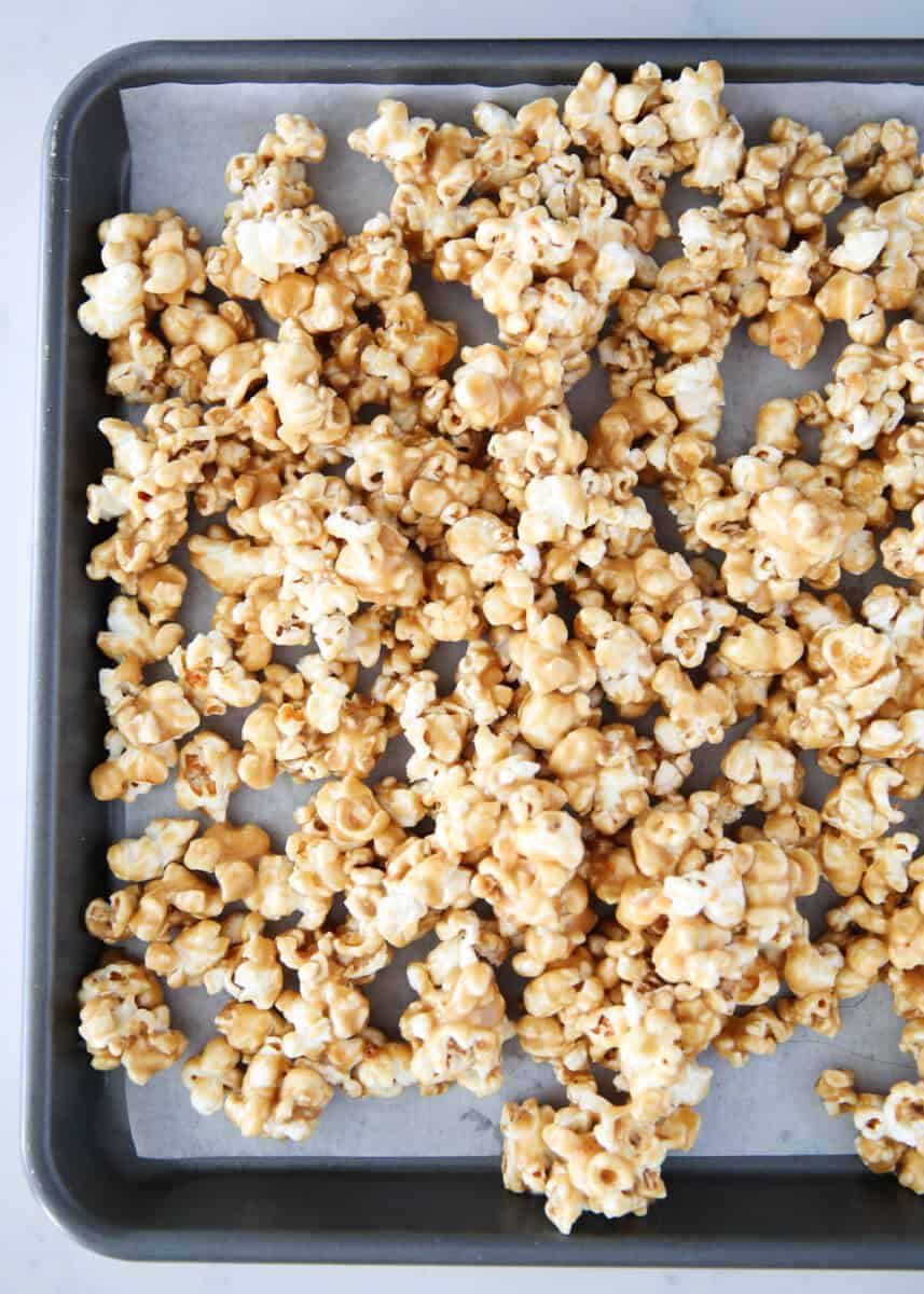 caramel corn on baking sheet