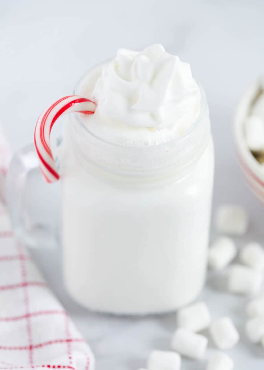white hot chocolate in glass cup