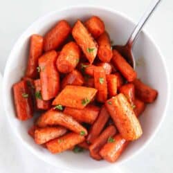 roasted balsamic carrots in white bowl