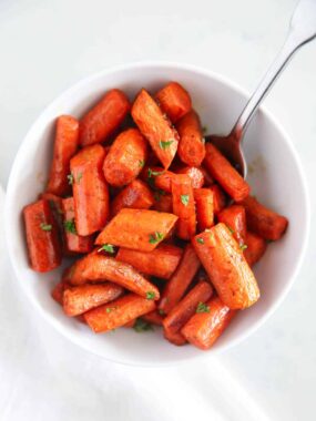 roasted balsamic carrots in white bowl