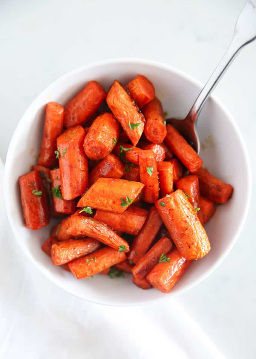 roasted balsamic carrots in white bowl