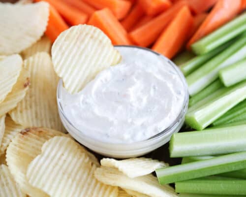 french onion dip in glass bowl