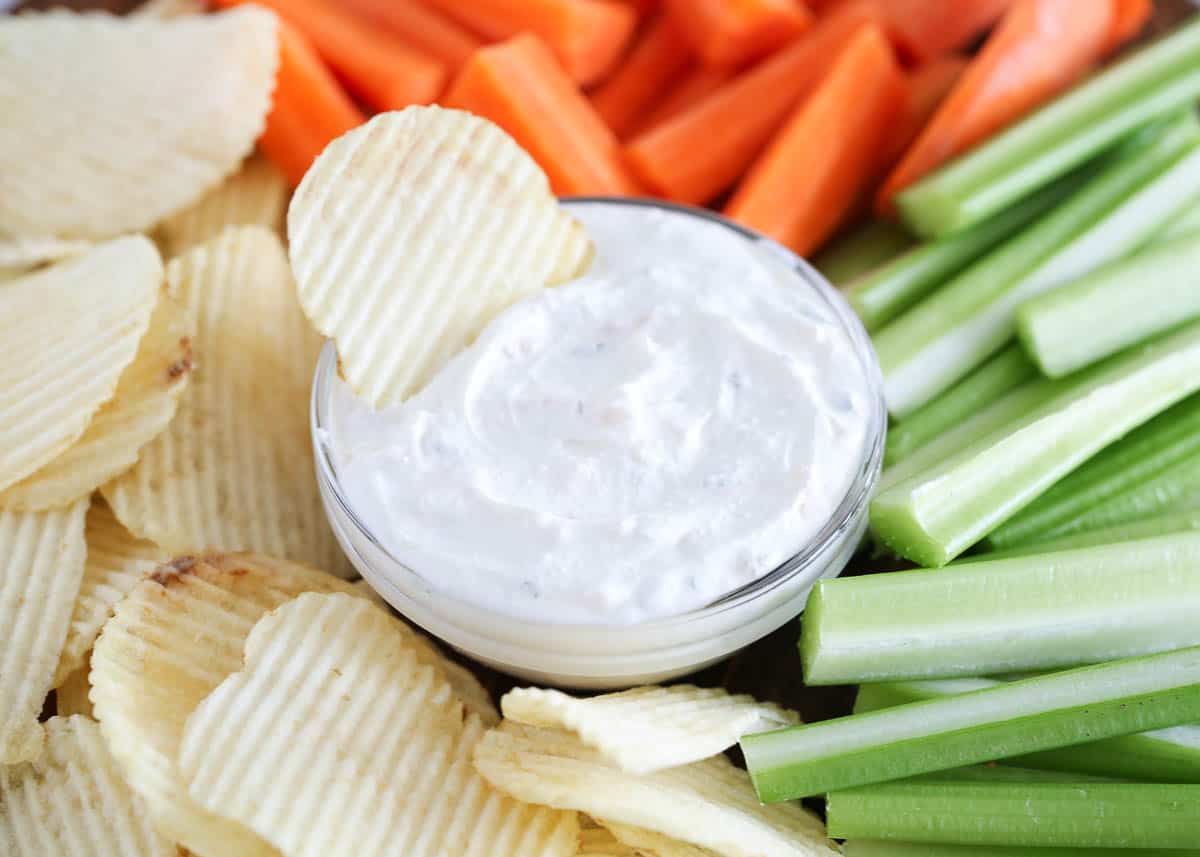 french onion dip in glass bowl