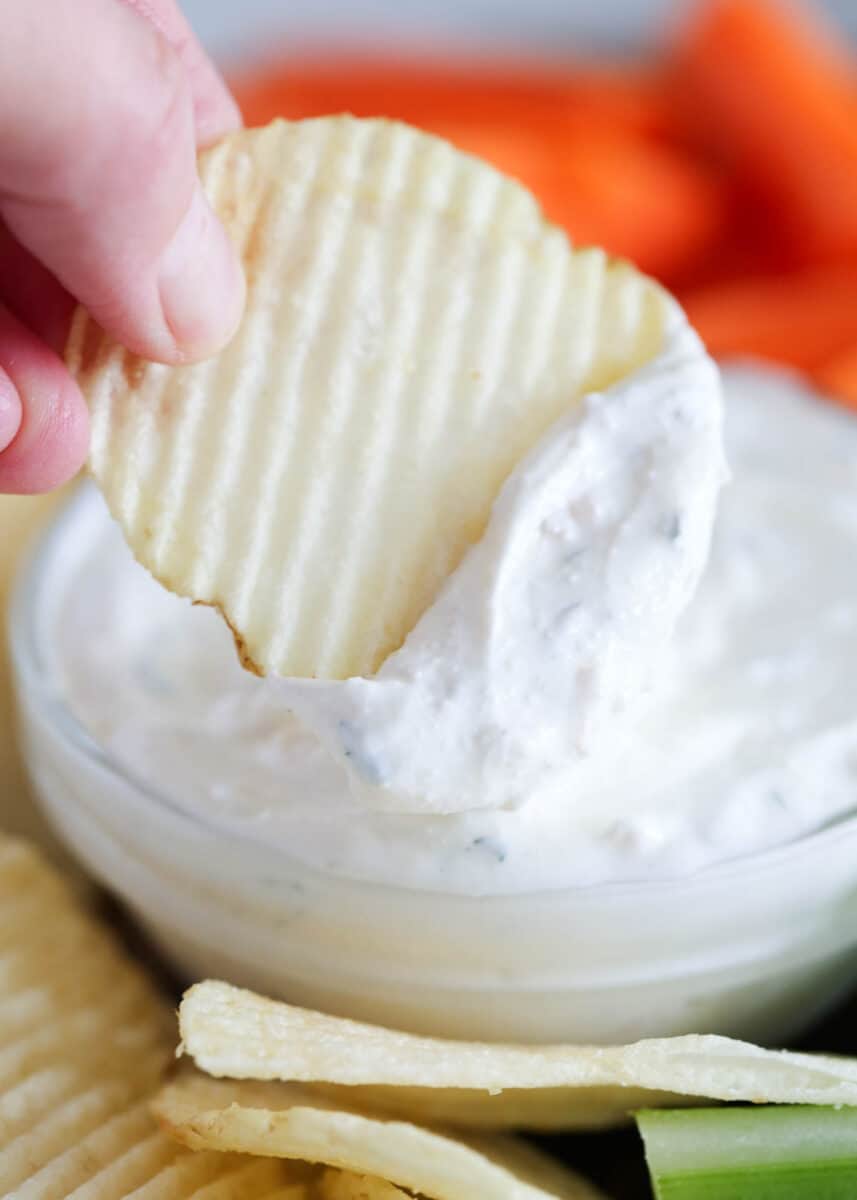 chip dipped in onion dip