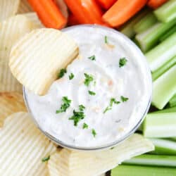 french onion dip in glass bowl