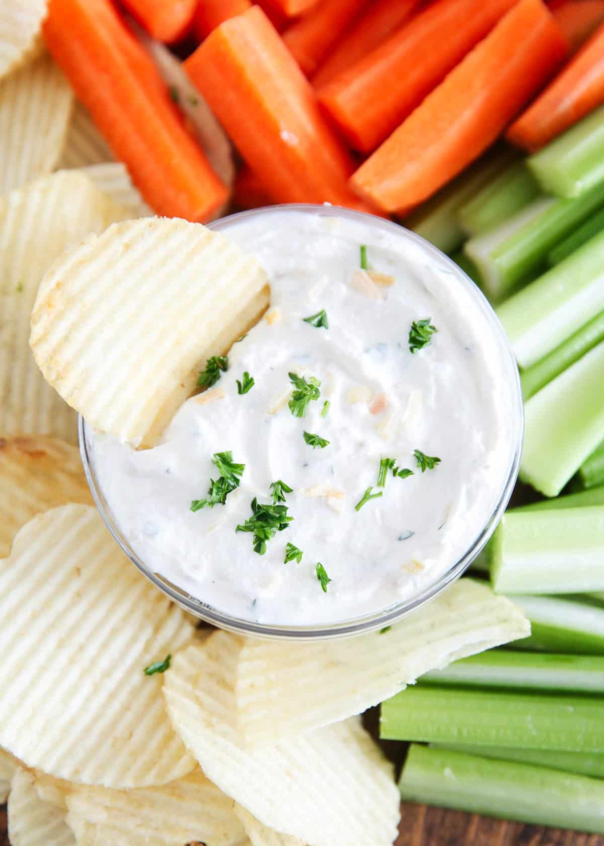 french onion dip in glass bowl